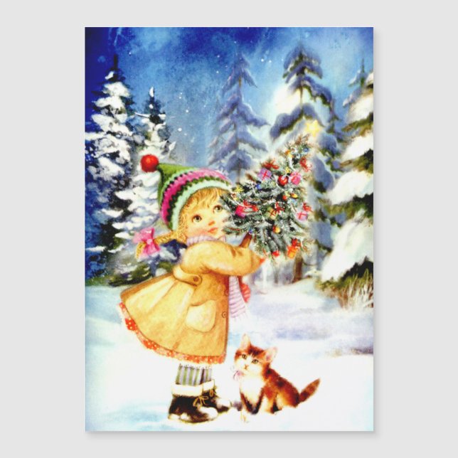 Little Girl With Christmas Tree Holiday Card (Front)