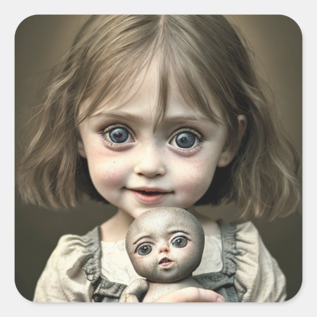 Little Girl with Creepy Doll Eerie Ai Art Square Sticker (Front)