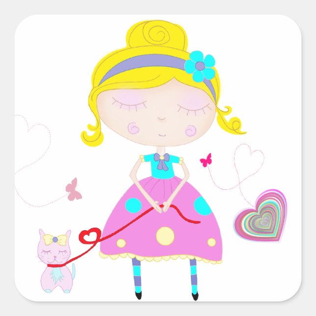 Little girl with cute cat illustration square sticker (Front)