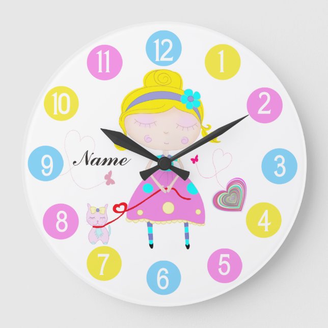Little girl with cute cat multicolored large clock (Front)