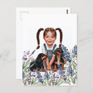 Little Girl with Dachshund Puppies Postcard