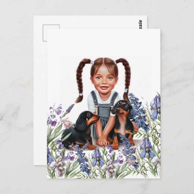Little Girl with Dachshund Puppies Postcard (Front/Back)