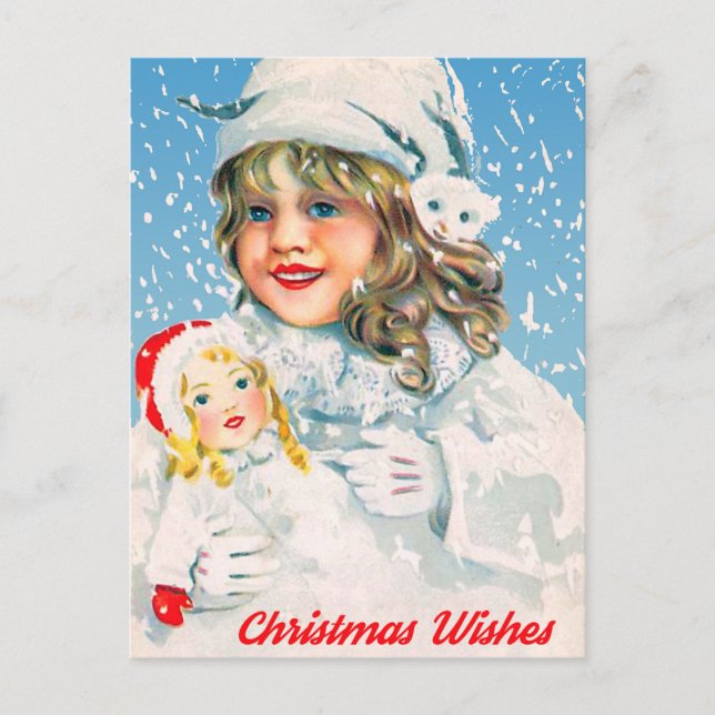 Little Girl with Doll Wish You a Merry Christmas Holiday Postcard (Front)