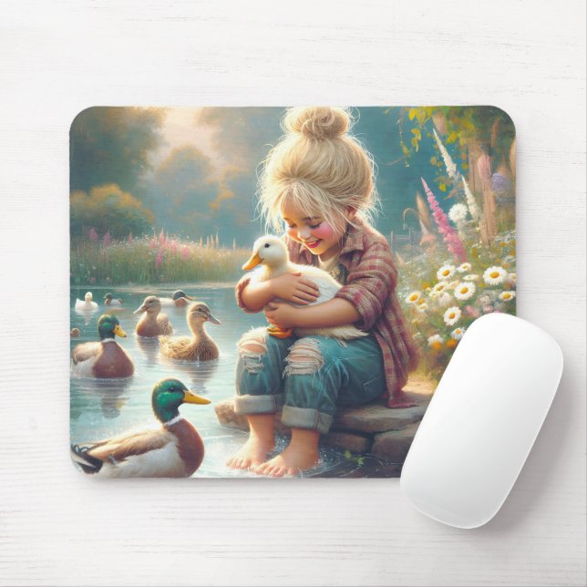 Little Girl With Ducks  Mouse Mat (With Mouse)