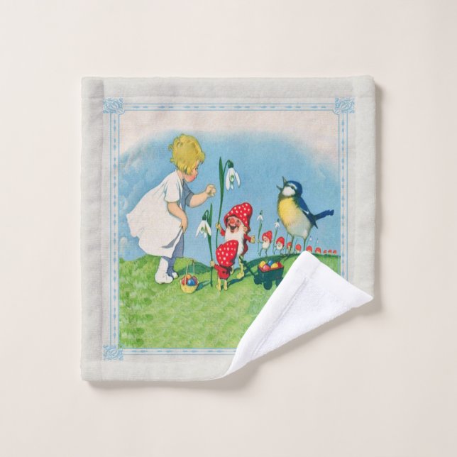 Little Girl With Elves Cart of Easter Eggs Flowers Wash Cloth (Wash Cloth)