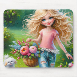 Little Girl With Flower Basket Mouse Mat