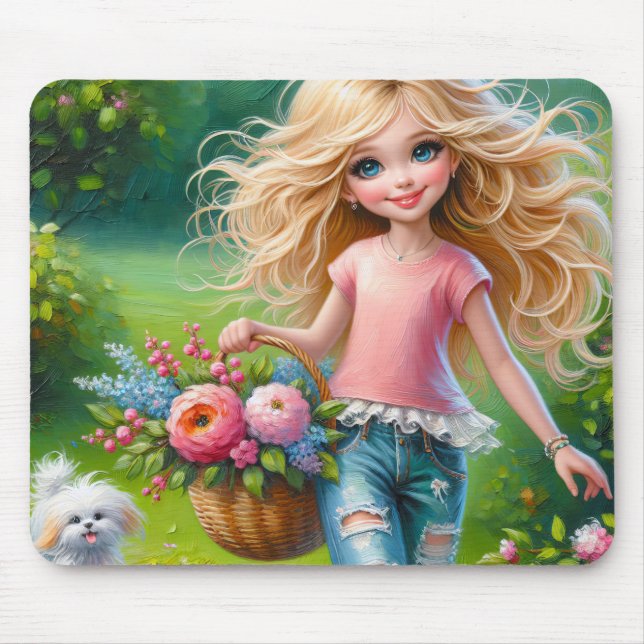 Little Girl With Flower Basket Mouse Mat (Front)