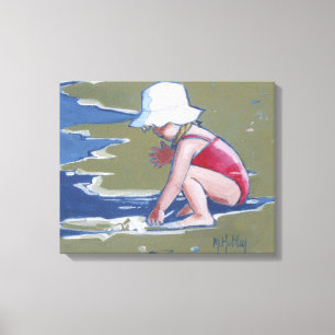 Little girl with hat on beach with waves canvas print
