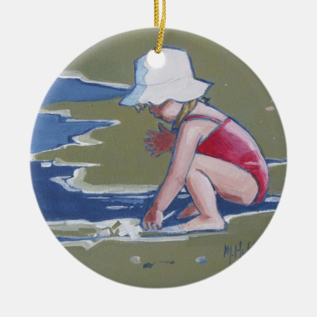 Little girl with hat on beach with waves ceramic tree decoration (Front)