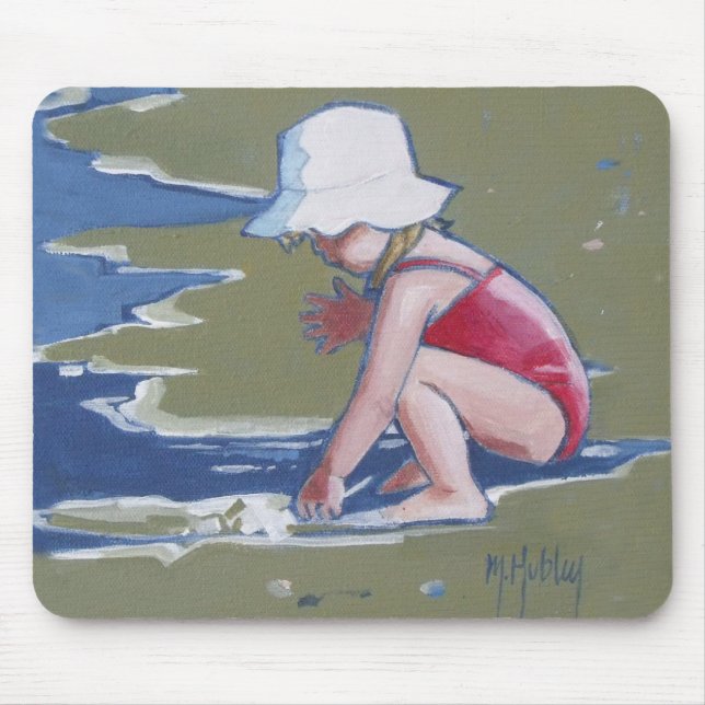 Little girl with hat on beach with waves mouse mat (Front)