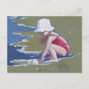 Little girl with hat on beach with waves postcard