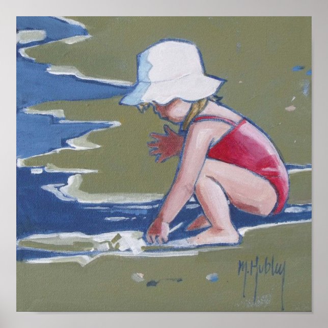 Little girl with hat on beach with waves poster (Front)