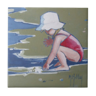 Little girl with hat on beach with waves tile