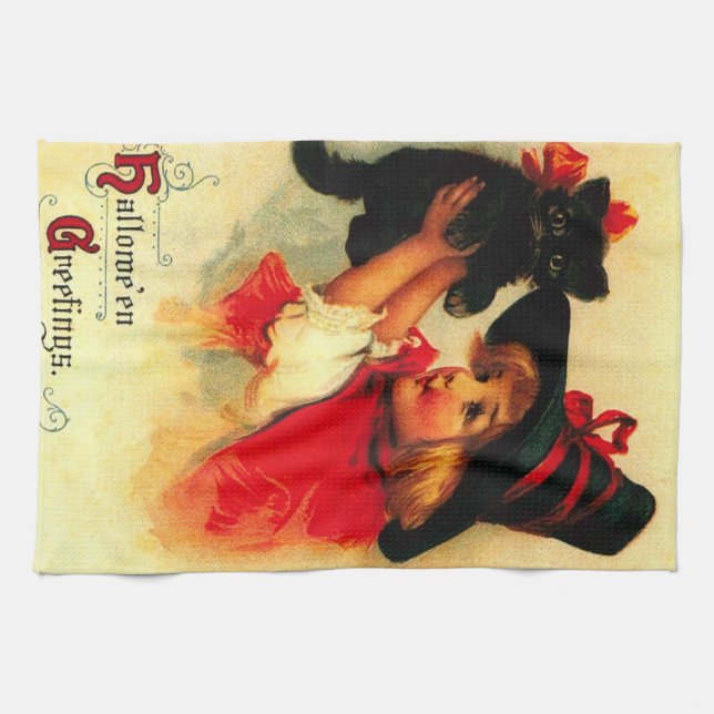 Little Girl With Her Black Cat Tea Towel (Horizontal)