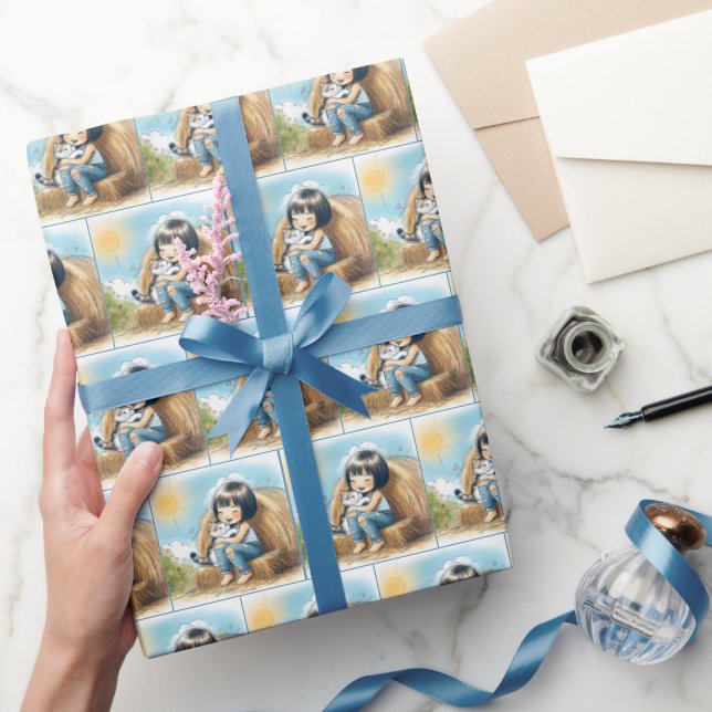 Little Girl With Kitten On Hay Bale Wrapping Paper (Gifting)