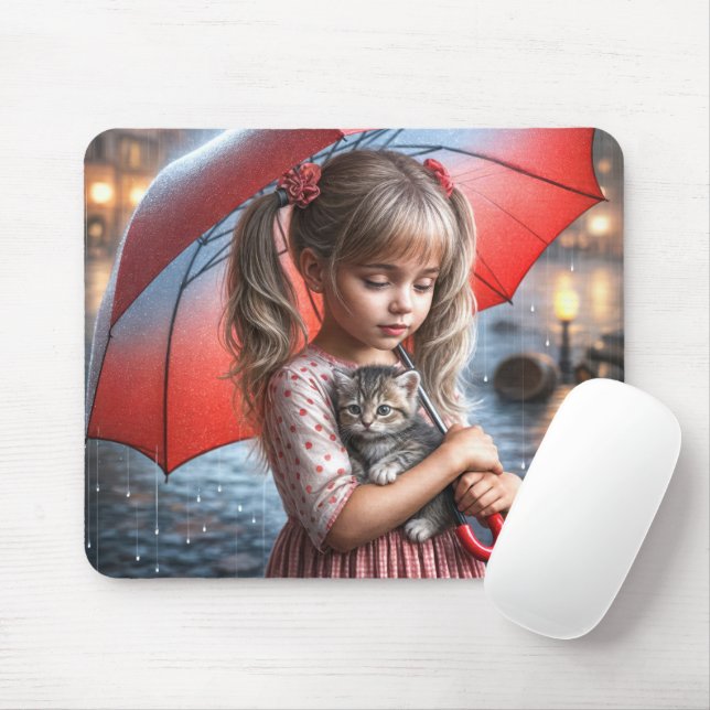 Little Girl With Kitten Under Umbrella Mouse Mat (With Mouse)