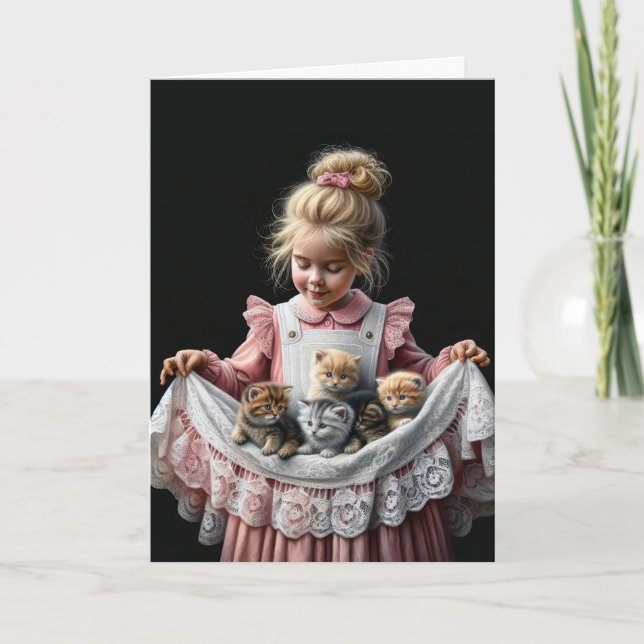 Little Girl With Kittens Birthday Card (Front)