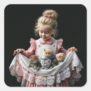 Little Girl With Kittens In Her Apron Square Sticker