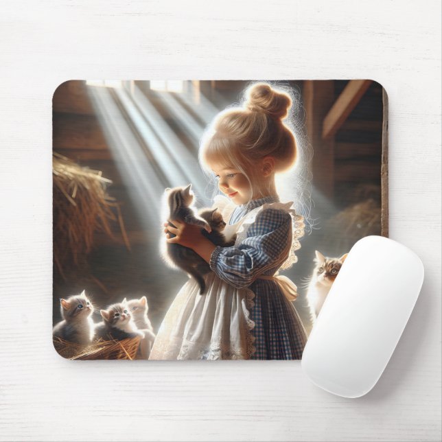 Little Girl With Kittens Mouse Mat (With Mouse)