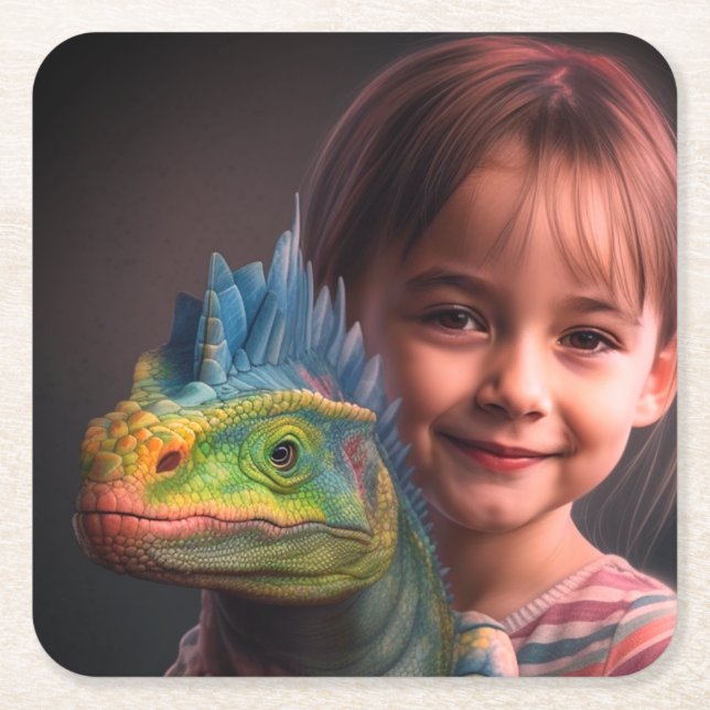 Little Girl with Lizard Square Paper Coaster (Front)