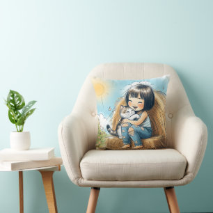 Little Girl With Pet Kitten Cushion