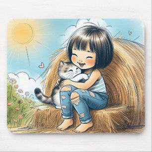 Little Girl With Pet Kitten Mouse Mat