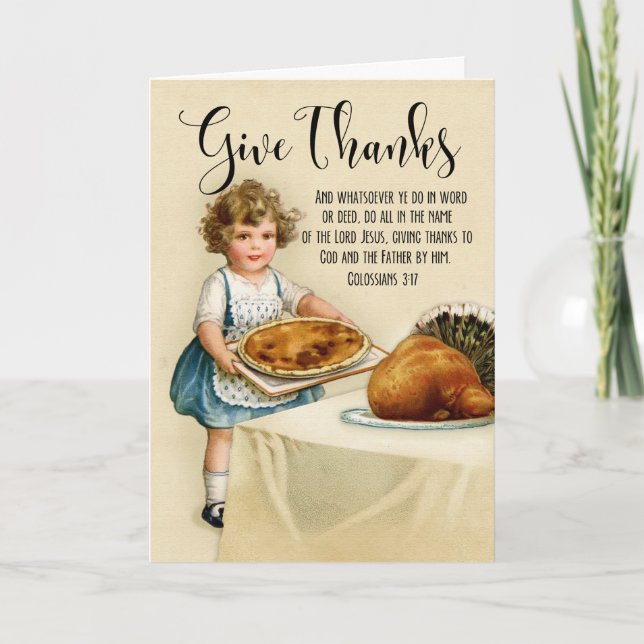 Little Girl with Pie and Turkey for Thanksgiving Card (Front)