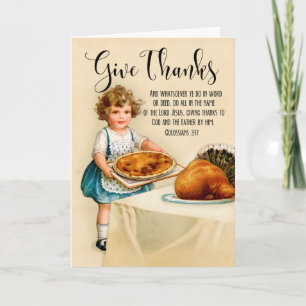 Little Girl with Pie and Turkey for Thanksgiving Card