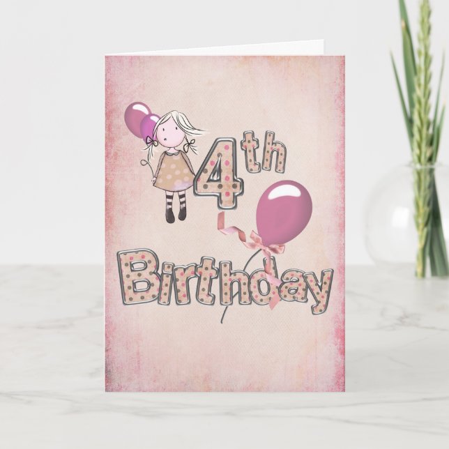 Little Girl With Pink Balloons 4th Birthday Card (Front)