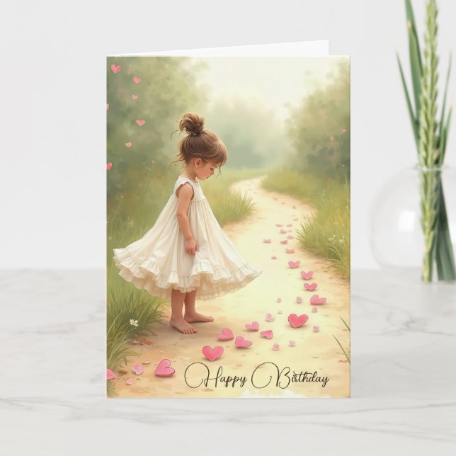 Little Girl With Pink Hearts Birthday Card (Front)