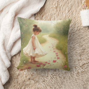 Little Girl With Pink Hearts On a Dirt Path Cushion