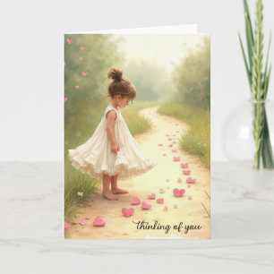 Little Girl With Pink Hearts Thinking of You Card