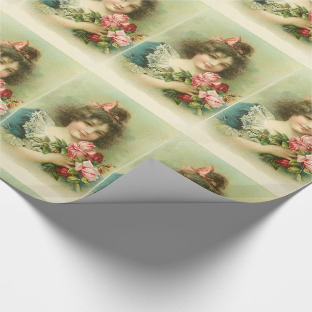 Little Girl with Pink Roses ,Birthday Party Wrapping Paper (Corner)
