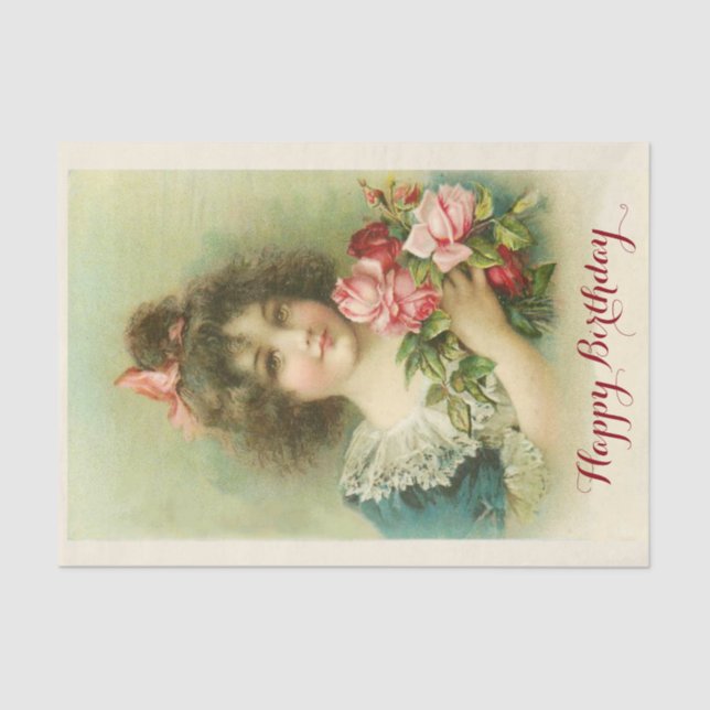 Little Girl with Pink Roses ,Birthday Tissue Paper (Front)