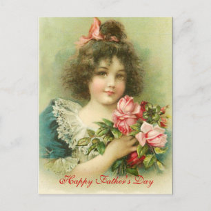 Little Girl with Pink Roses Father's Day Postcard
