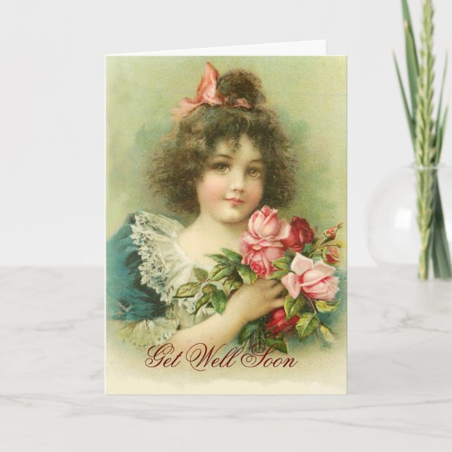Little Girl with Pink Roses ,Get well Soon Card (Front)