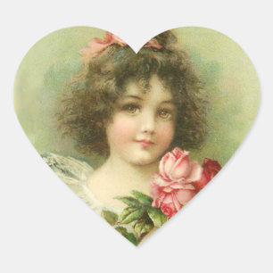 Little Girl with Pink Roses Valentine's Day Heart Sticker