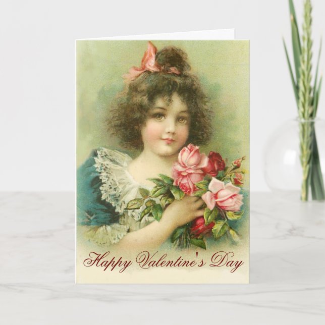 Little Girl with Pink Roses Valentine''s Day Holiday Card (Front)