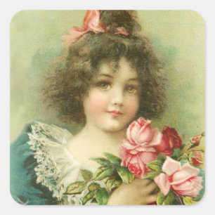 Little Girl with Pink Roses Valentine's Day Square Sticker