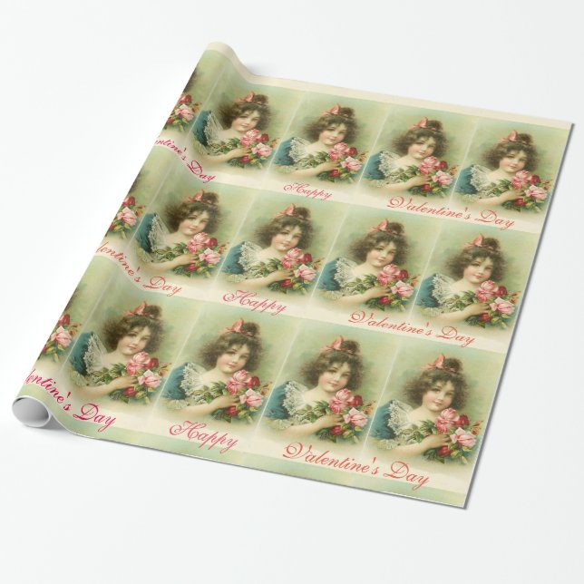 Little Girl with Pink Roses ,Valentine's Day Wrapping Paper (Unrolled)