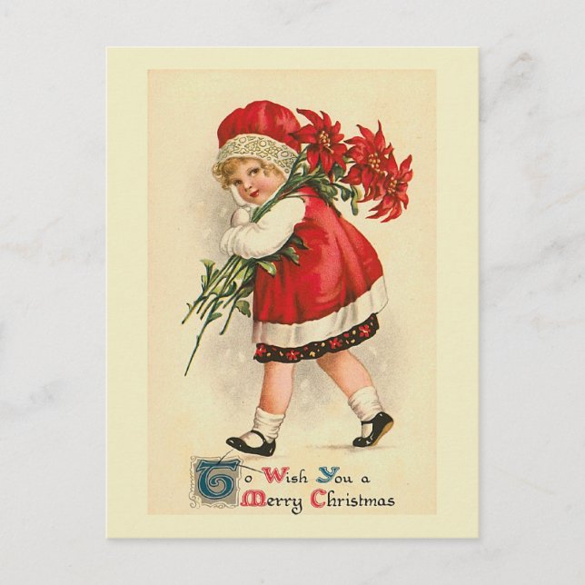 "Little Girl with Poinsettias" Vintage Postcard (Front)