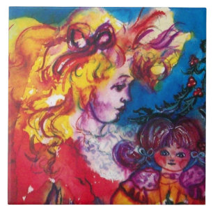 LITTLE GIRL WITH PRETTY DOLL Christmas Tile