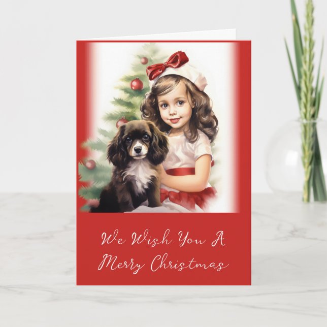 Little Girl with Puppy Photo Christmas Card (Front)