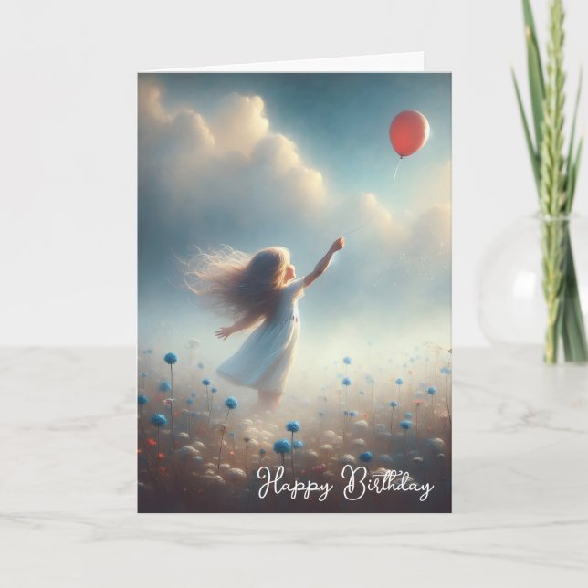 Little Girl With Red Balloon Birthday Card (Front)