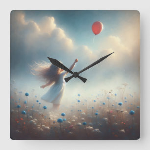 Little Girl With Red Balloon Square Wall Clock