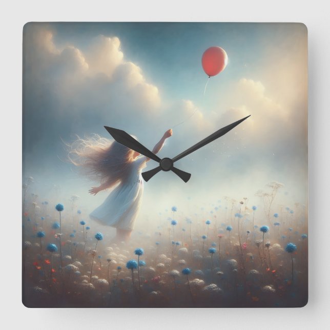 Little Girl With Red Balloon Square Wall Clock (Front)