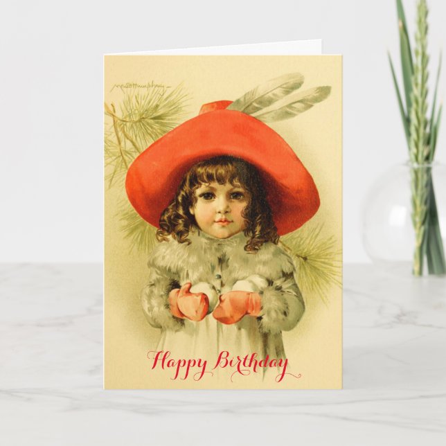Little Girl with Red Hat Playing Snowball Birthday Card (Front)
