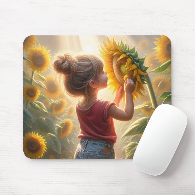 Little Girl With Sunflower Glow Mouse Mat (With Mouse)