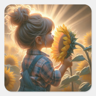 Little Girl With Sunflower Square Sticker