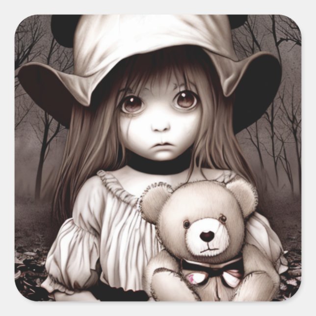 Little Girl with Teddy Bear in Scary Woods Square Sticker (Front)